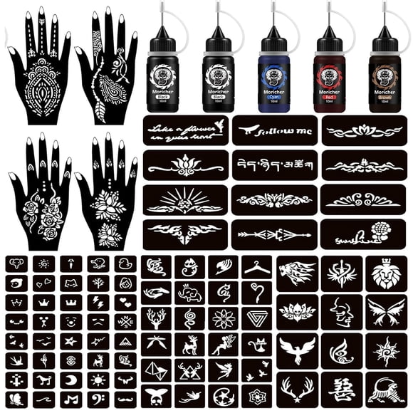 Kit de tatuaje temporal Moricher Henna con 5 conos y 96 plantillas