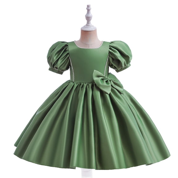 Short Flower Girl Dress, Girls Solid Color Puff Sleeve Princess Dress with Bow Accents, Junior Bridesmaid Party Dress for Wedding Birthday Occasions Age 4-9 Blackish Green 110