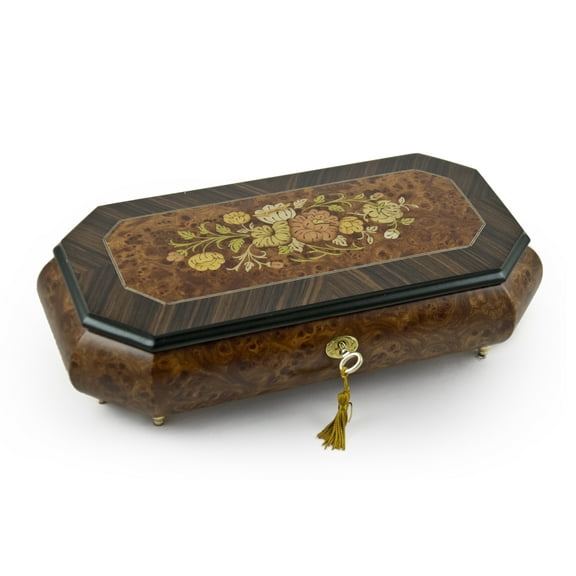 Traditional 30 Note Floral Motif Wood Inlay Cut Corner Music Jewelry Box - A Whole New World