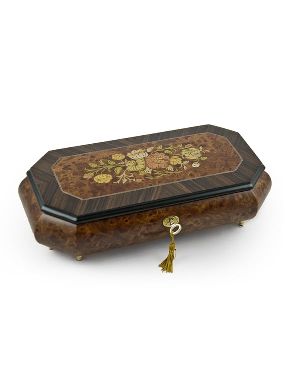 Traditional 30 Note Floral Motif Wood Inlay Cut Corner Music Jewelry Box - Auld Lang Syne
