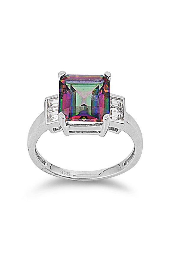 Clear Sided Rectangular Mystic Simulated Topaz Cubic Zirconia Ring Sterling Silver 925