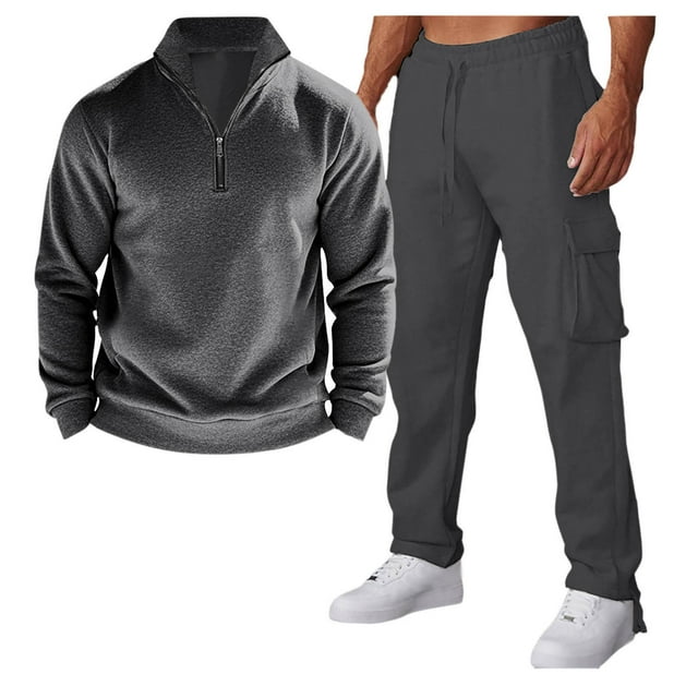 Styesk Tenues pour Hommes 2 Pcs Ensemble Décontracté Couleur Unie Sports Manches Longues Poche Zippée Col Rabattu Pantalon Long