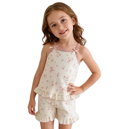 Likimi Toddler Girls 2 Piece Set Floral Print Sleeveless Square Neck Top With Shorts Summer Loungewear Breathable Outfit Set Pink Size 8-9 Years