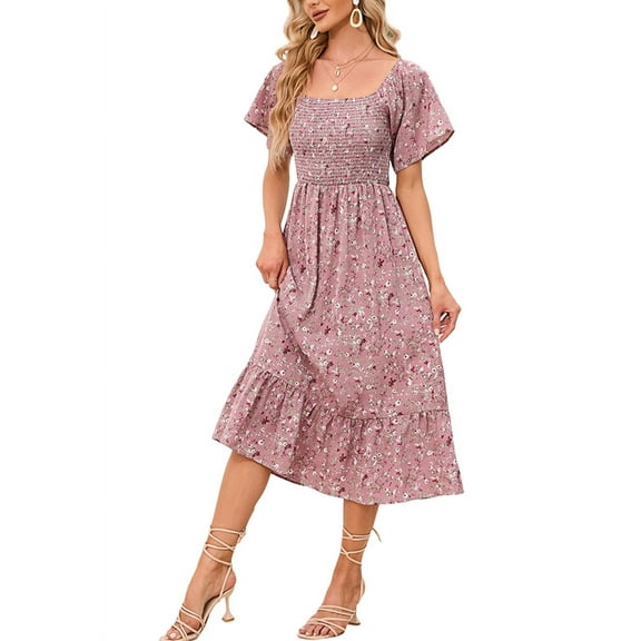 Floral Shirred Short Sleeve Dress Below for Women Knee Length Pink Medium