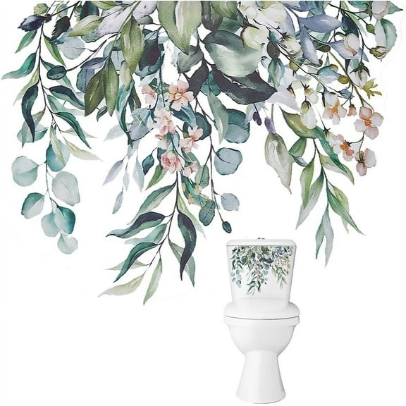 2 Sheet Green Plant Leaves Flowers Toilet Seat Lid Stickers Decal Self Adhesive Removable Bathroom Floral Wall Sticker Waterproof Toilet Cover Decorative Sticker for Bathroom Cistern Decor DIY