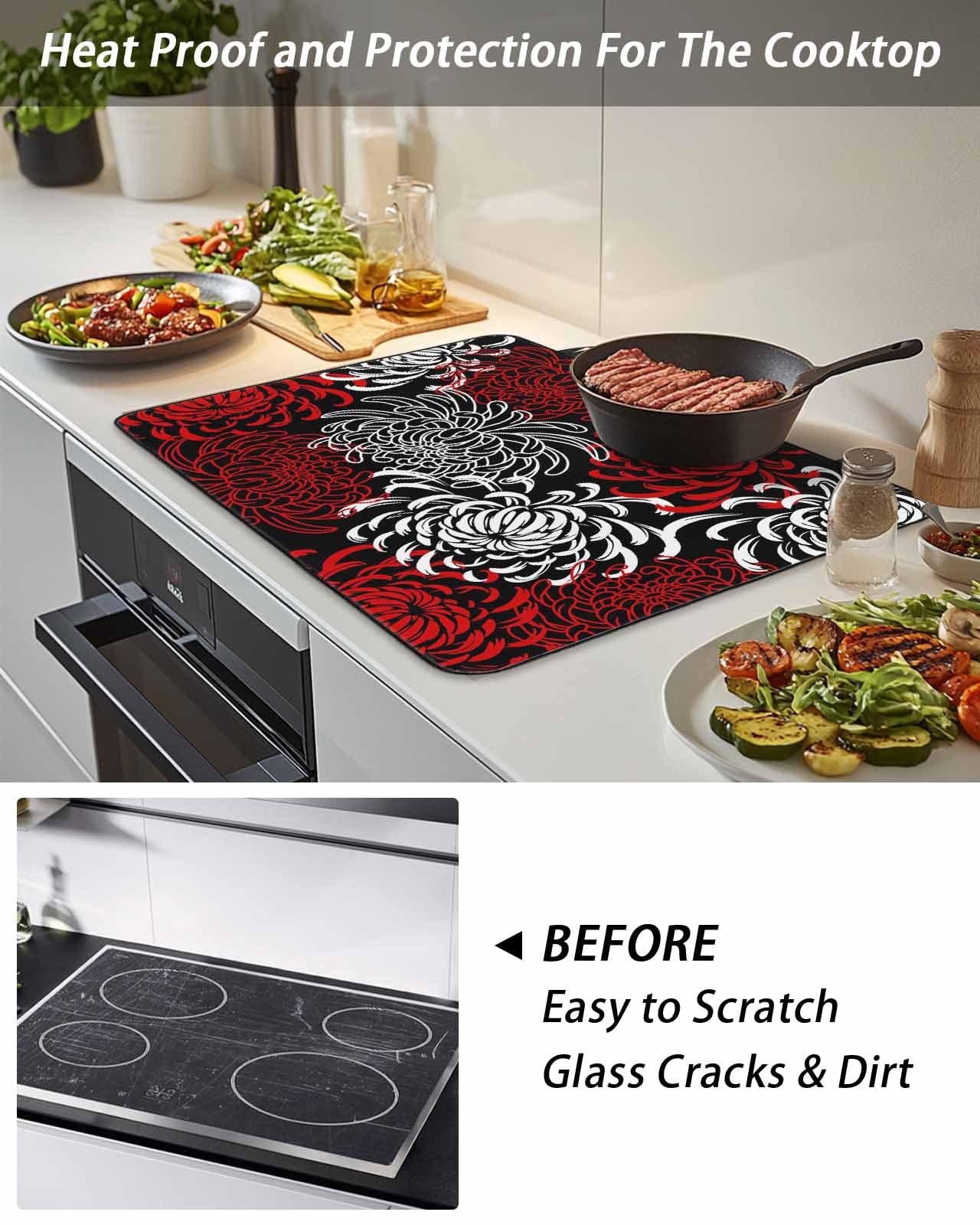 Stove Top Covers for Electric Stove, Red White Glass Stovetop Cover Protector, Abstract Black Chrysanthemum Flower Floral Induction Cooktop Protector Oven Mat for Kitchen Countertop 36"x21"