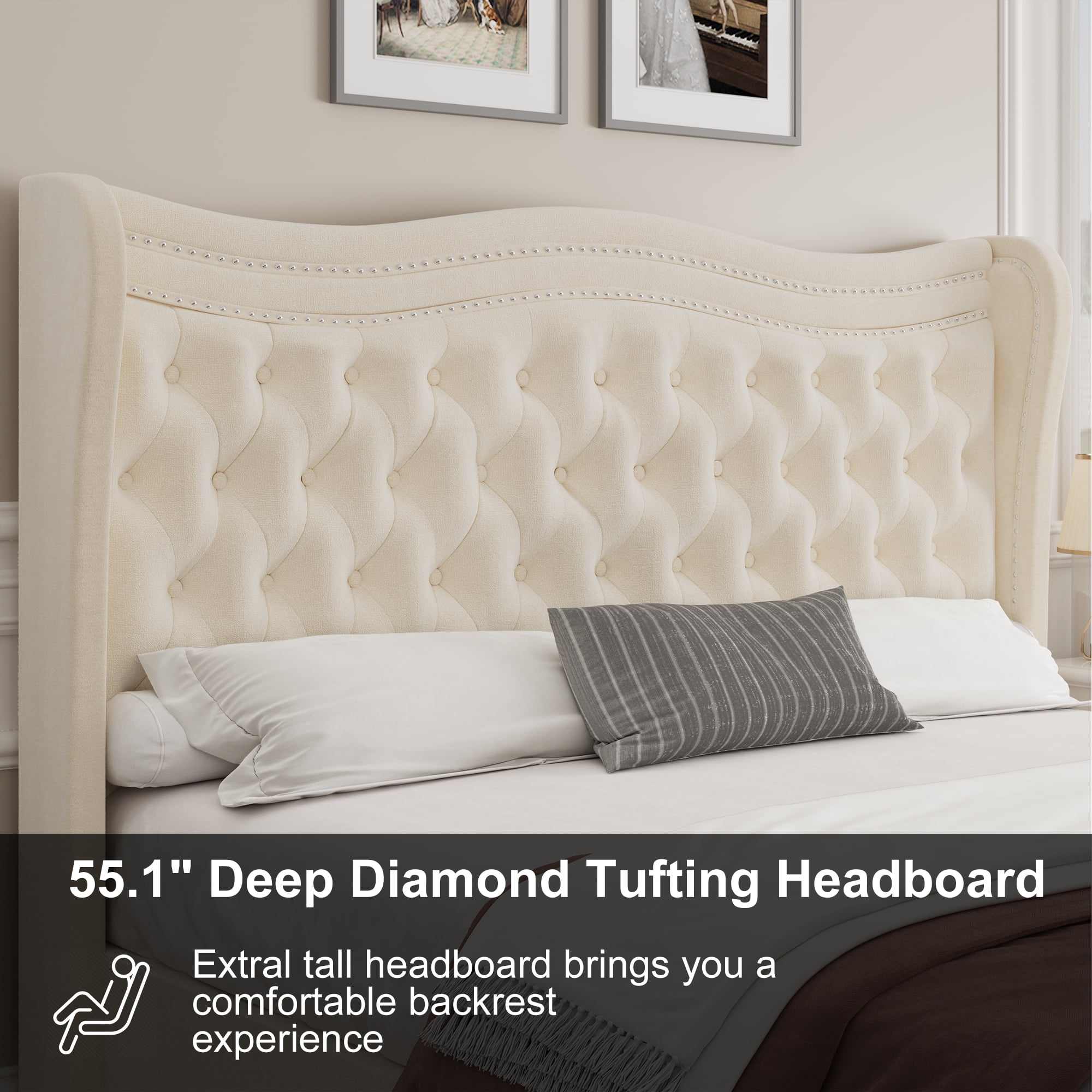 Miniyam Velvet Full Size Bed with Button-Tufted Wingback Headboard for Adult, Beige