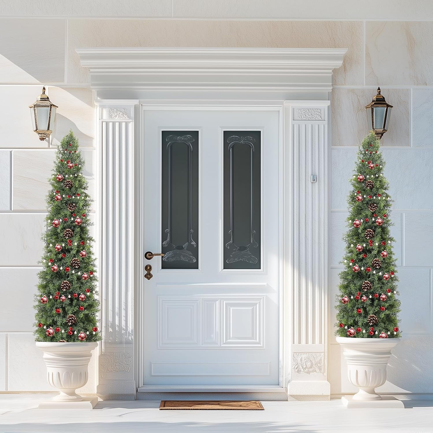 Artificial Cedar Topiary Tree for Outdoor,60 in Tall Faux Cedar Trees,Potted Fake Cypress Plant, Artificial Plants Indoor Outdoor for Front Porch Decor, Set of 2