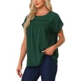 thumbnail image 4 of INSPIRE CHIC Women's Short Sleeve Casual Crew Neck Lace Trim Pleated Shirt Blouse Dark Green L, 4 of 5