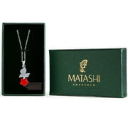 Rhodium Plated Necklace with Butterfly Alighting on a Flower Design with a 16" Extendable Chain and High Quality Red Crystals by Matashi