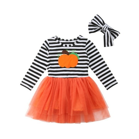 

Kids Baby Girls Halloween Dress Long Sleeve Striped Tulle Party Dresses 1-6Y