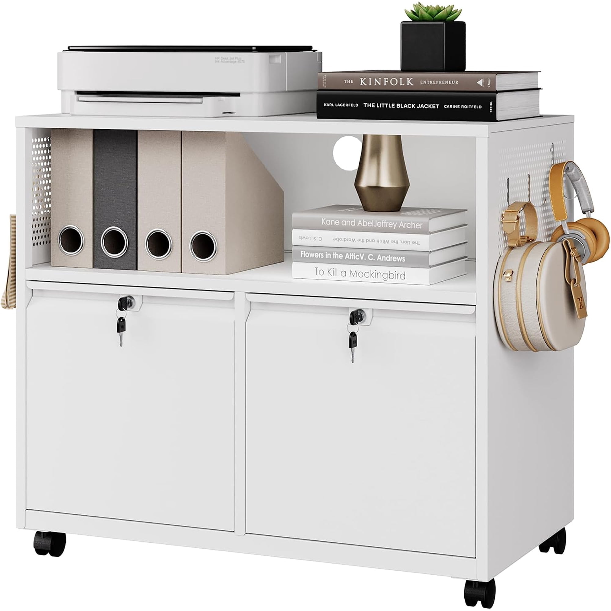 Mobile 2-Drawer File Cabinet with Lock, Metal Lateral Printer Stand Filing Storage Cabinets with Shelves for Home Office-A4/F4/Letter (White)