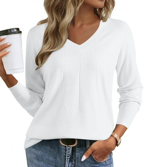 ClodeEU Womens Long Sleeve V Neck Sweaters ,Casual Basic Tee,Soft Loose Fit Pullover Jumper Top White,Womens Plus XXL