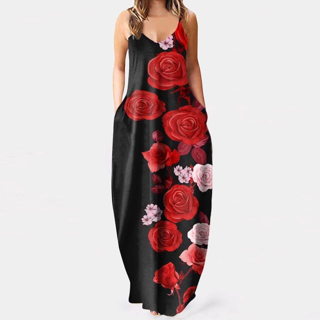 SMihono Robe Maxi Bohème d'Été pour Femmes Grande Taille Aguichant Mode Sans Manches Imprimée Col en V avec Poches Robe Longue de Plage