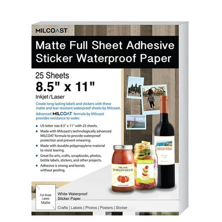 - Milcoast Matte Full Sheet 8.5 x 11” Adhesive Tear Resistant Waterproof Photo Craft Paper – For Inkjet / Laser Printers – For Stickers, Labels, Scrapbooks, Bottles, Arts, Crafts