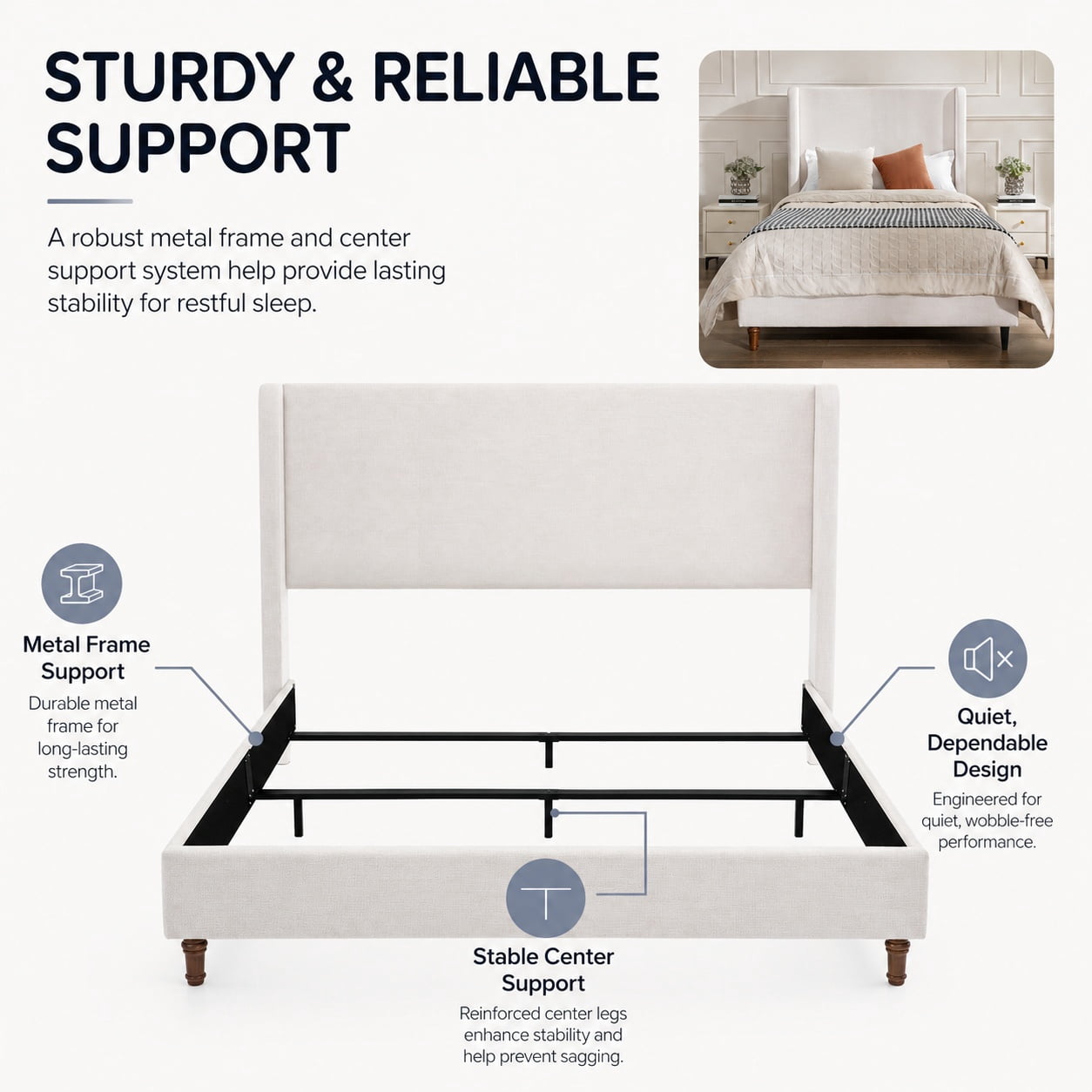 Miniyam King Size Upholstered Platform Bed Frame with Wingback 54 in. Headboard, Ivory
