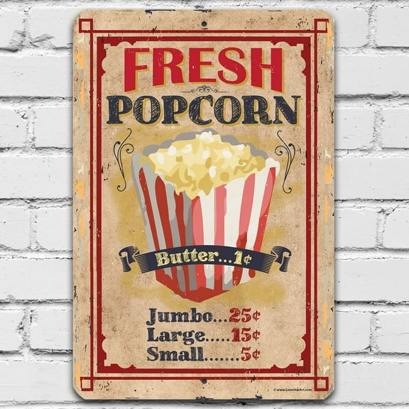 Movie Night Supplies - Fresh Popcorn - Metal Sign - Movie Theater Decor - Home Theater Accessories Movie Room Decor - Movie Night Decorations, Basement Decor, Movie Theater Signs