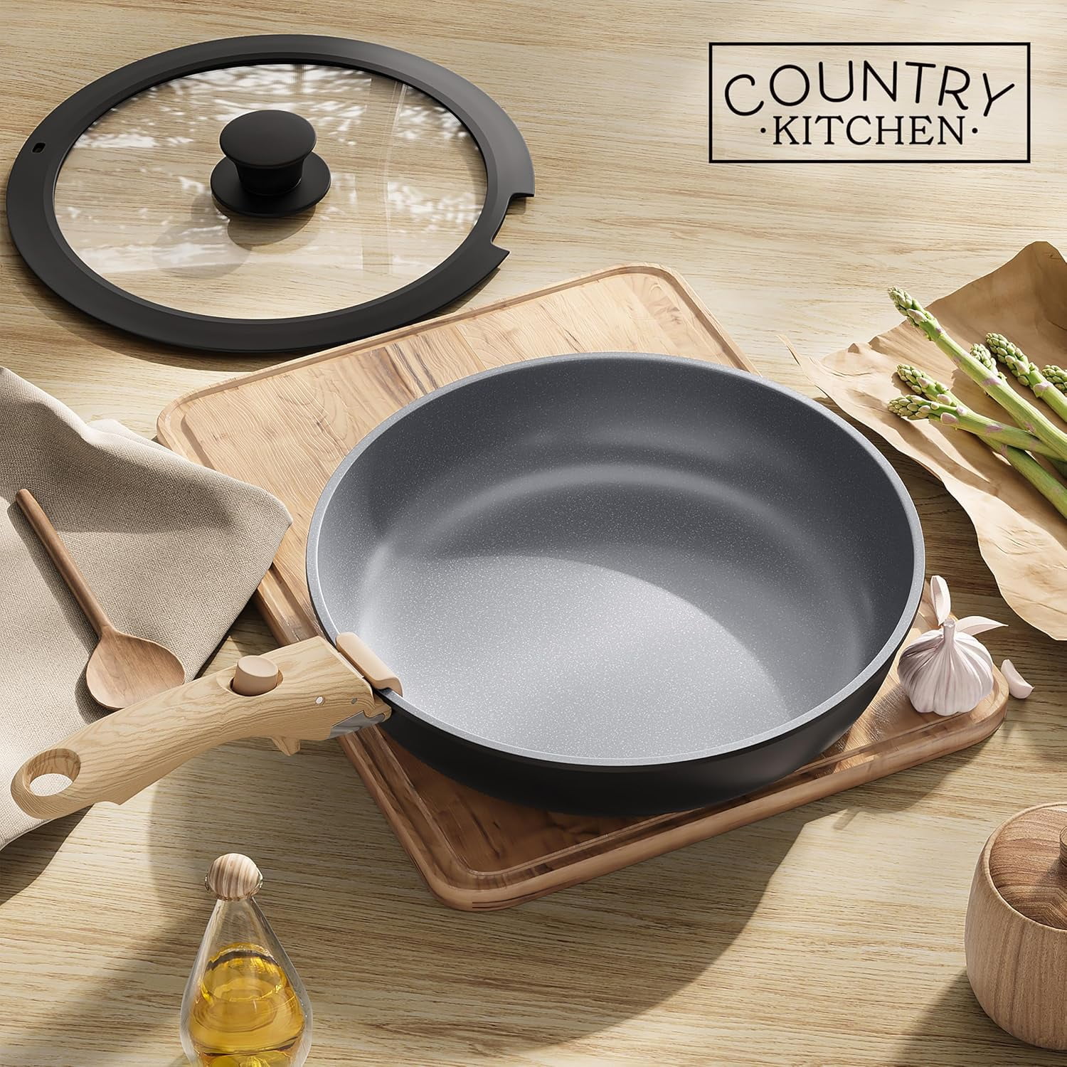Country Kitchen Pots and Pans Cookware Set, 16-Piece, Ceramic Coated, Removable Handle, Black/Grey