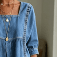 thumbnail image 4 of Morttic Women's Square Neck Faux Denim Mid Sleeve Blouse – Solid Color Casual Top with Lace Trim Front Summer Daily Outfit Navy Blue，S, 4 of 6