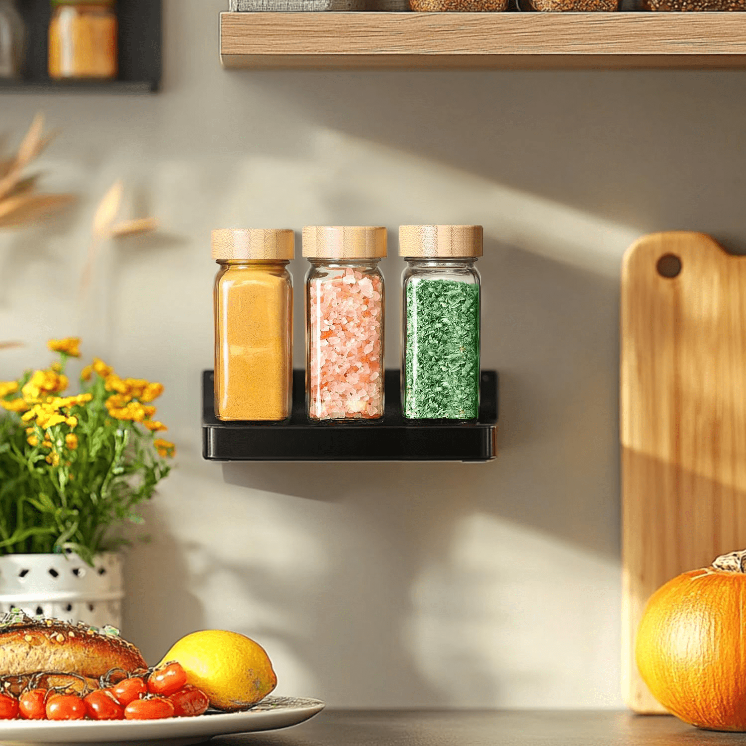 12 Pcs Glass Spice Jars with Bamboo Lids, 4 oz Glass Jars with Minimalist Farmhouse Spice Labels Stickers, Collapsible Funnel, Seasoning Storage Bottles for Spice Rack, Cabinet, Drawer