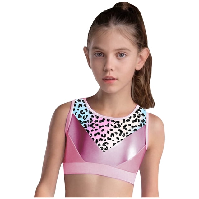 YiZYiF Kids Girls Athletic Crop Tank Top Shiny Metallic Printed Patchwork Jazz Street Hip Hop Pink 10