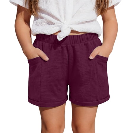 HXWCHs Linen Shorts for Girls Summer Trendy Elastic Waisted Dressy Casual Shorts Comfy Bottoms 2026 Beach Vacation Clothes 5-6 Years