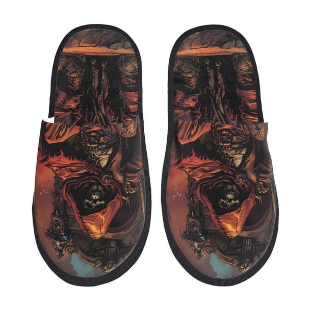 Fotbe Dark Skull King Throne Pantuflas Peludas para Mujer con Estampado, Zapatillas de Peluche, Zapatos de Invierno para Casa, Uso Interior y Exterior-Large