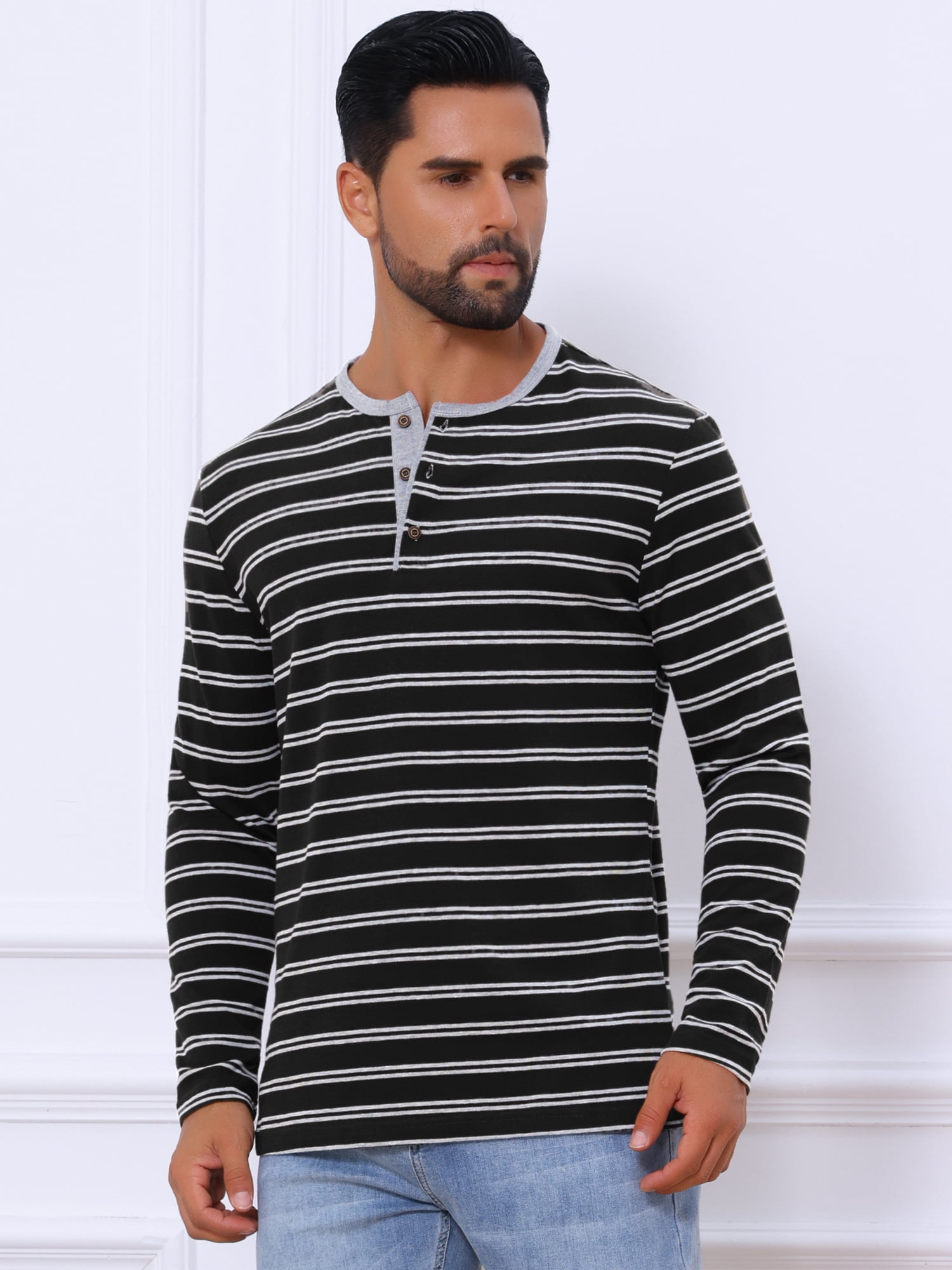 DARING DIVA Men's Long Sleeve Contrasting Colors Striped Henley T-Shirt M Black