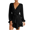 thumbnail image 2 of qolati Women's Wrap V Neck Dress 2023 Long Sleeve Tie Waist Ruffle Hem Cocktail Dress Elegant Wedding Guest Party Swing Mini Dresses, 2 of 6