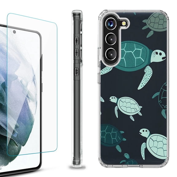 Shockproof Bumper Phone Case for Samsung Galaxy S23 5G, with Tempered Glass Screen Protector, by OneToughShield ® - Sea Turtle Mix