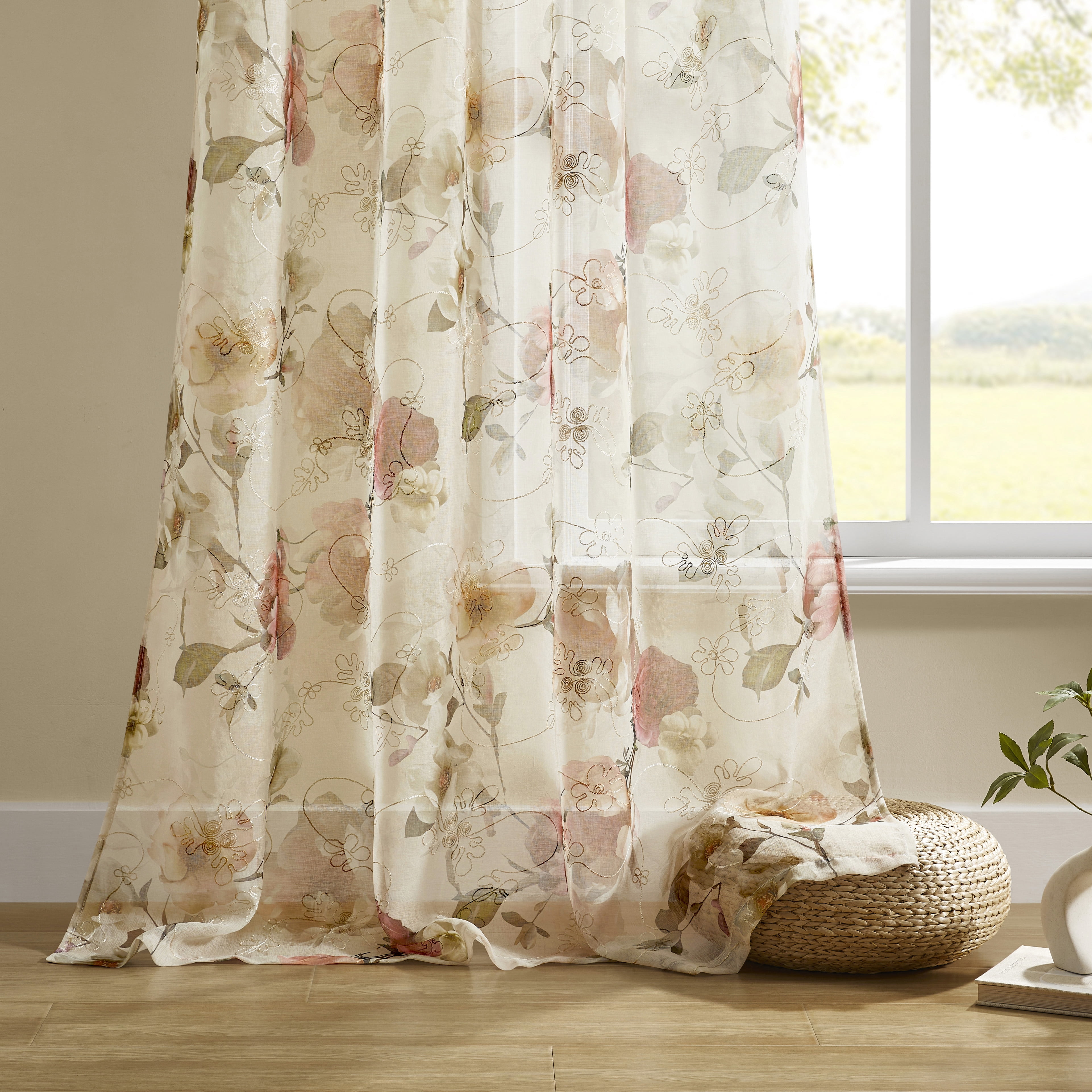Muuphra Floral Printed&Embroidered Sheer Curtain Rod Pocket Voile curtain for Bedroom Livingroom,2 Panels,Red,52×63"