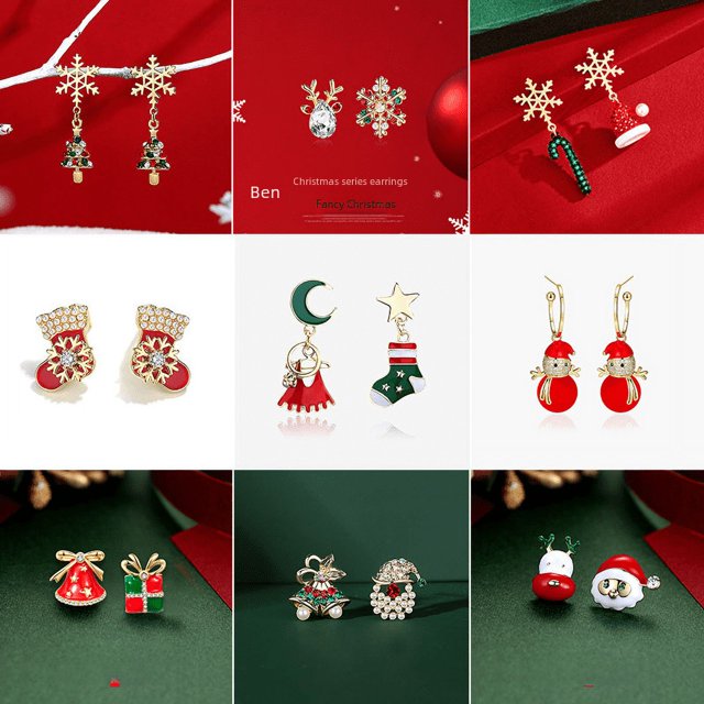Colección de pendientes navideños Muñeco de nieve Copo de nieve Cabeza de ciervo Calcetines navideños Pendientes con muletas Regalo de Navidad de Año Nuevo
