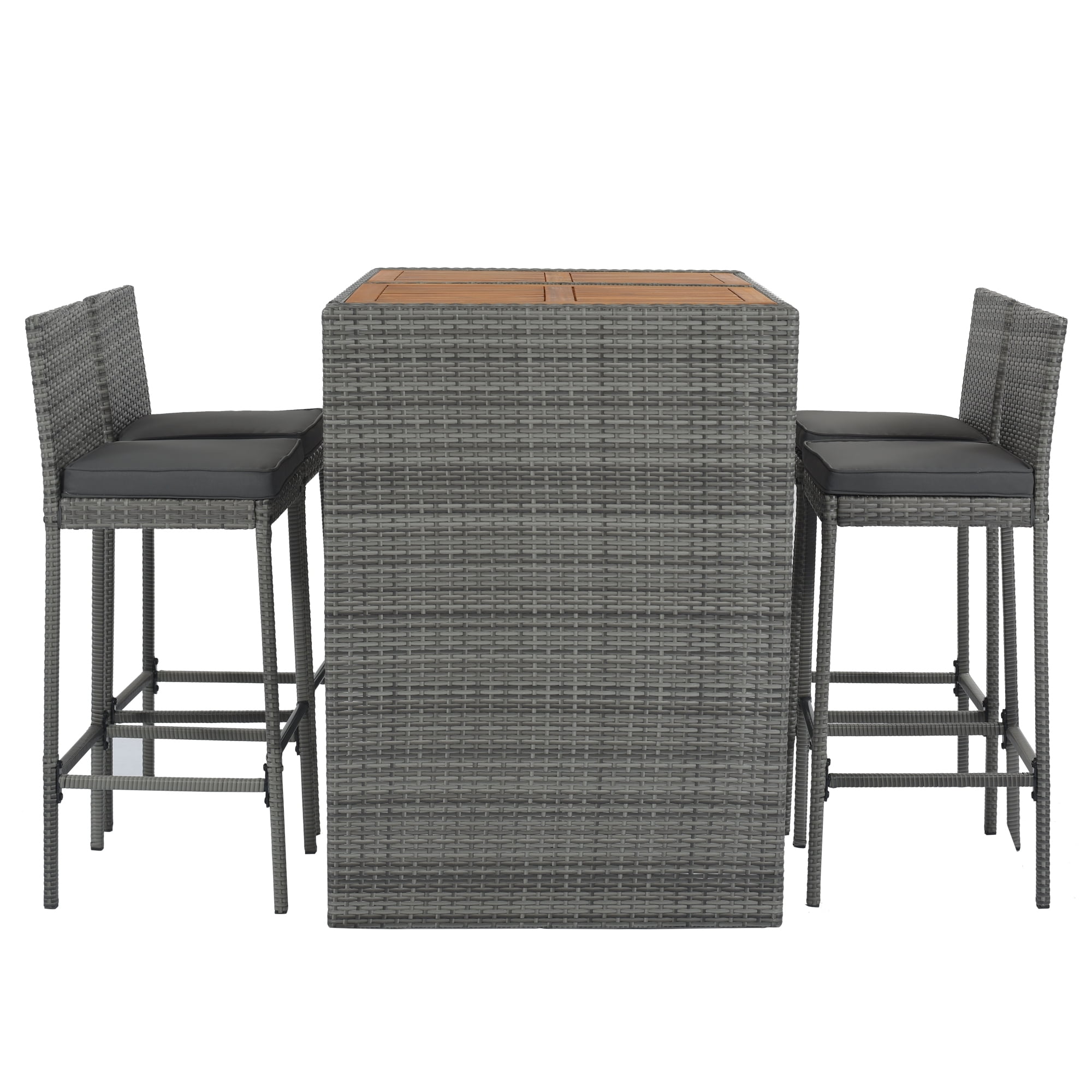Bar Height 5-Piece Outdoor Patio Wicker Dining Set with 4 Stools and Acacia Wood Table Top, Removable Cushions for Garden Backyard Poolside Deck, Gray and Brown