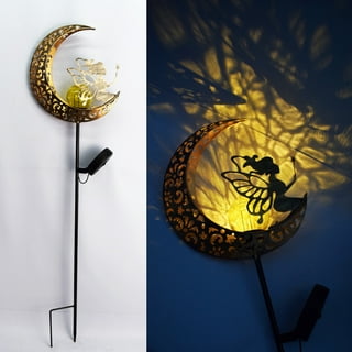 Outdoor Decor, Moon Fairy Crackle Glass Globe with Angel Yard Pathway Stake Lights Solar Powered Waterproof PU7H8F