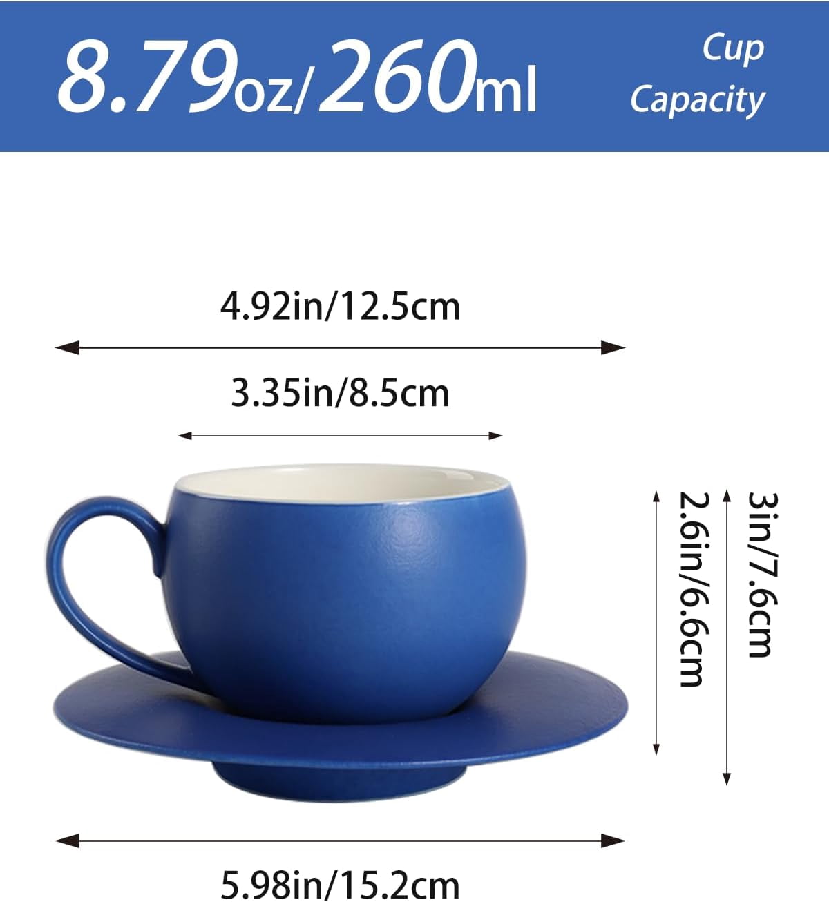 ABCISI Ceramic Coffee Cup with Saucer, 8.8 Oz  Lovely Round Shape Cafe Cup with Excellent Insulation Properties for Latte, Cappuccino, Espresso, Mocha, Coffee, Tea Cup Set,Blue