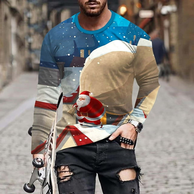 Blusas y camisas de manga larga con cuello redondo para hombre, blusa informal de manga larga con cuello redondo y estampado, blusa de poliéster para hombre