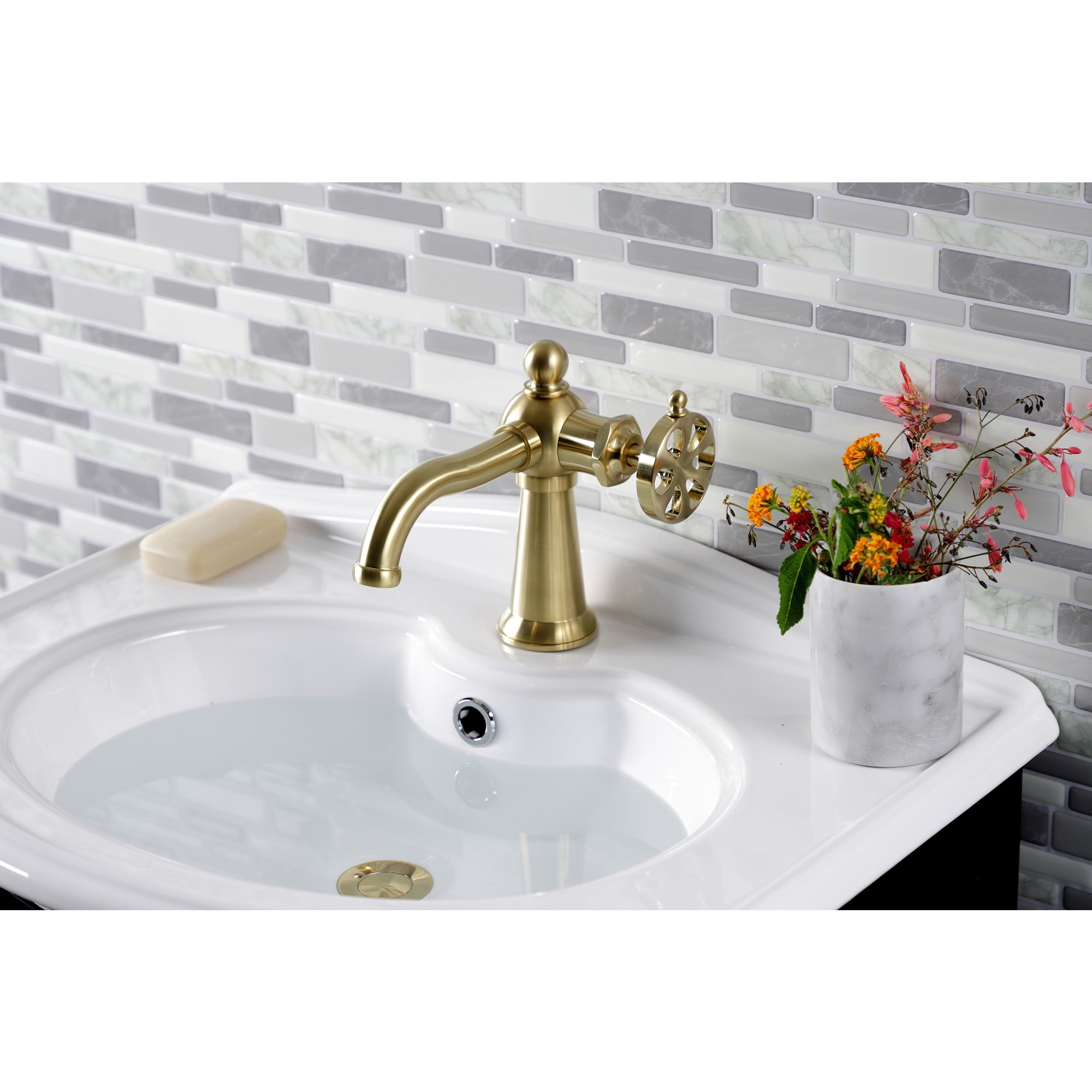 Kingston Brass KS3547RX Belknap One-Handle Single-Hole Bathroom Faucet with Push Pop-Up Drain, Brushed Brass