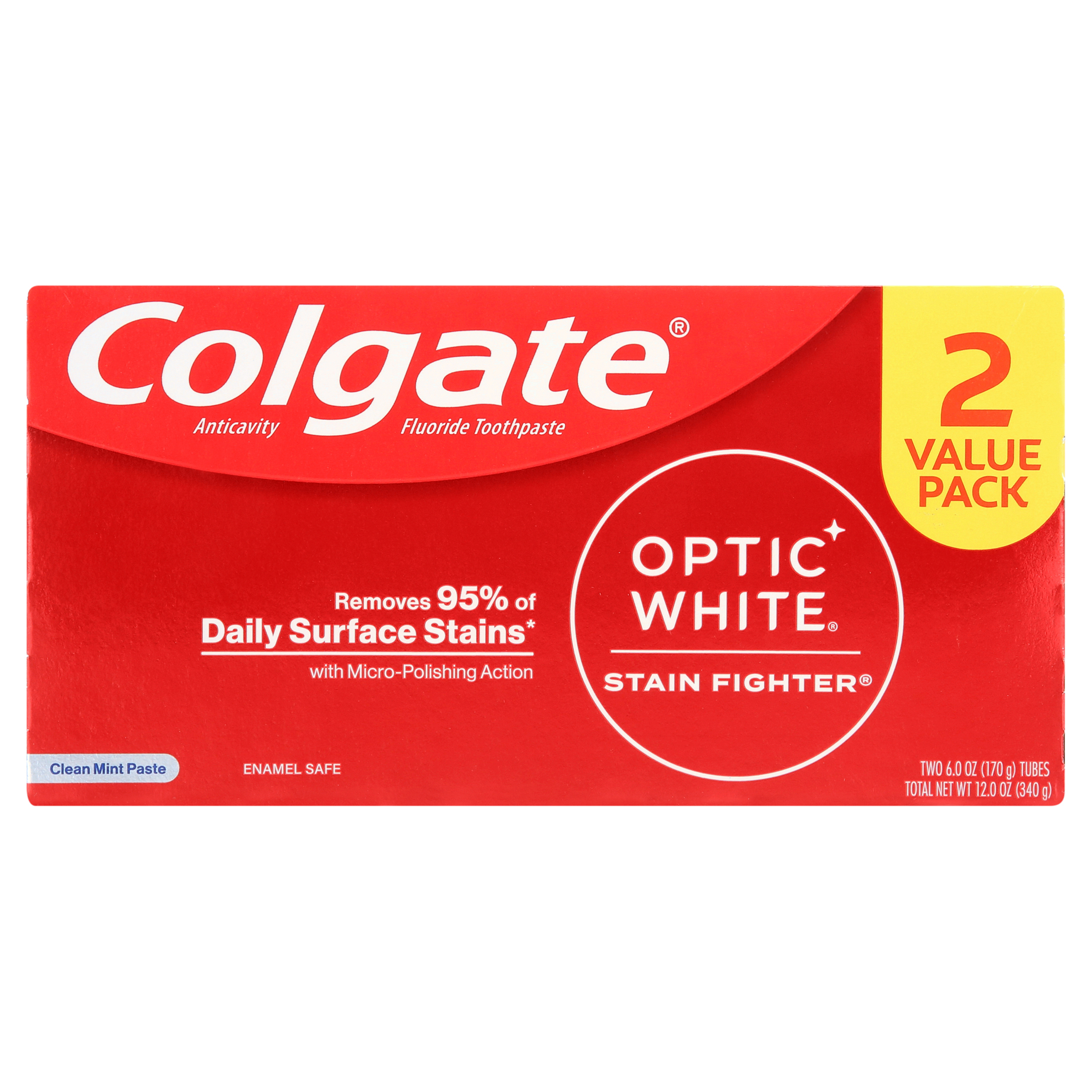 Colgate Optic White Stain Fighter Teeth Whitening Toothpaste Pack, Clean Mint, 6 oz, 2 Pack