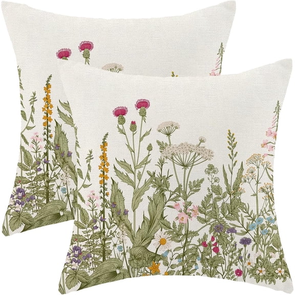 Sage Green Pillow Covers 18x18 Inch Set of 2, Spring Wildflower Plant Throw Pillows Case,Seasonal Floral Outdoor Decorative Flowers Farmhouse Decor Cushion Covers for Home Sofa Bed Couch