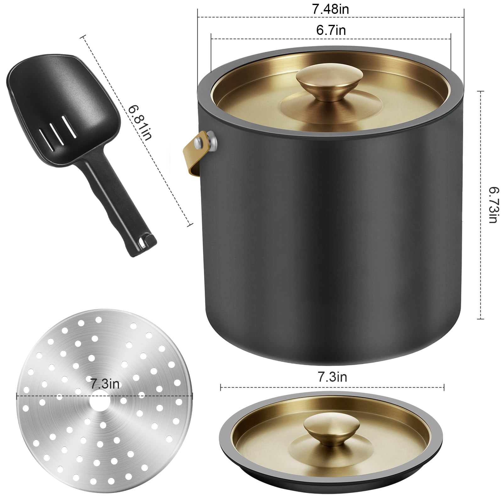 3.2L Modern Insulated Ice Bucket with Silicone Lid, Scoop, Strainer, Double Wall Stainless Steel Ice Bucket for Parties & Cocktail Bar,Ideal for Gift