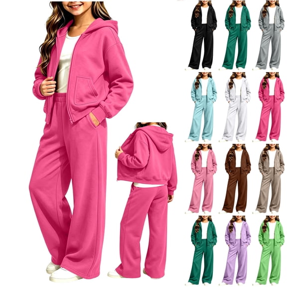 Bloomae Girls Hoodie Sweatsuit 2 Piece Full Zip Up Long Sleeve Hooded Sweatshirts and Elastic High Waist Wide Leg Jogger Sweatpants Trendy Cozy Athletic Tracksuit Sets