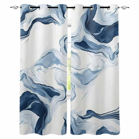 Marble Blackout Curtains 45 Inches Long for Bedroom, Blue Abstract Neutral Textured Modern Watercolor Thermal Insulated Room Darkening Black Out Window Curtain Panels Grommet Drapes for Living Room