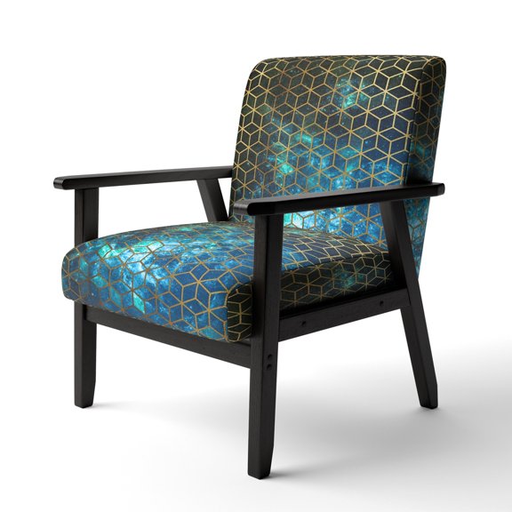 Designart "Yellow Cubes Over Blue Cosmic Background" Upholstered Modern Accent Chair - Arm Chair