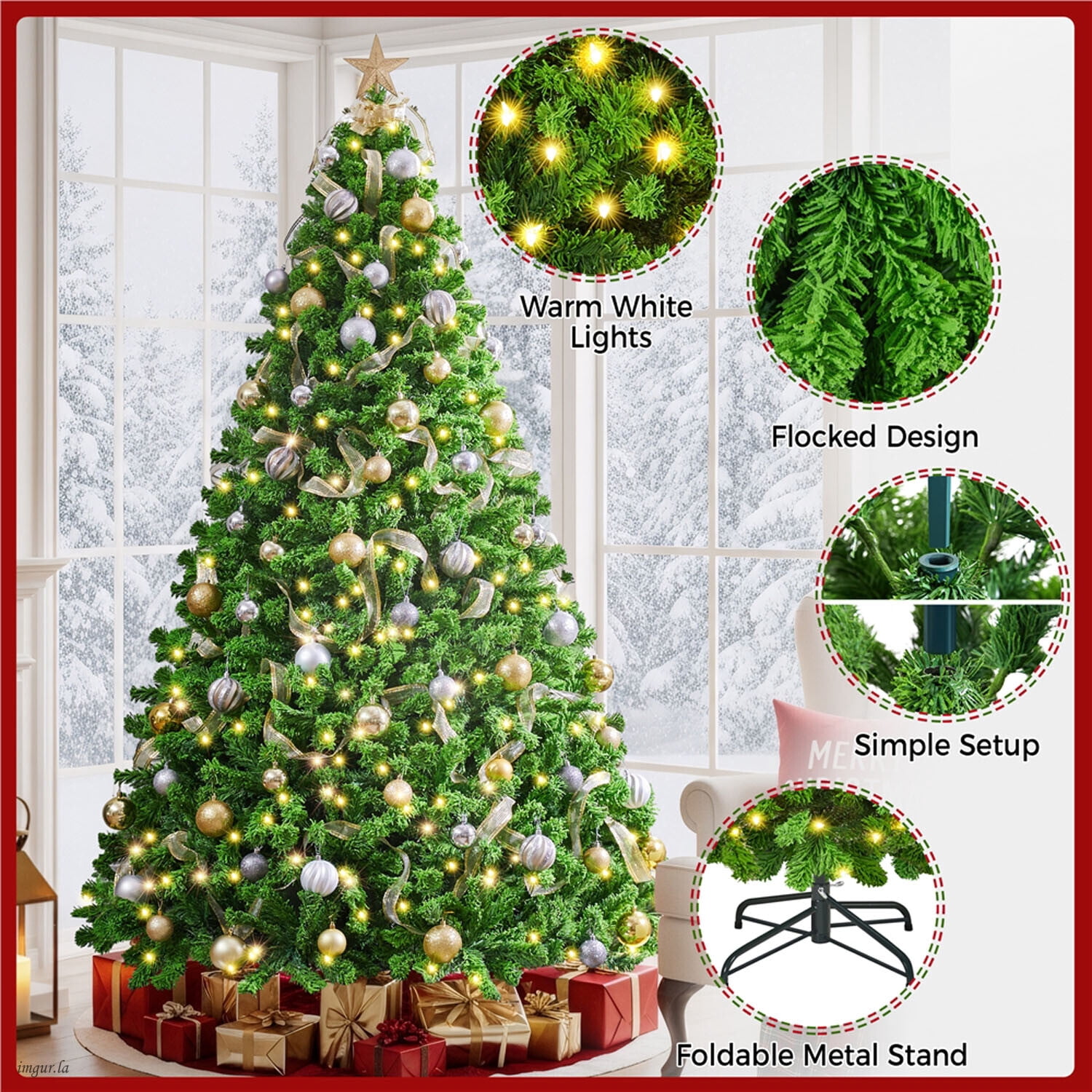 Alden Design 6FT Pre-lit Artificial Christmas Tree Flocked Christmas Tree with Foldable Stand and LED Warm Lights,Pure Green