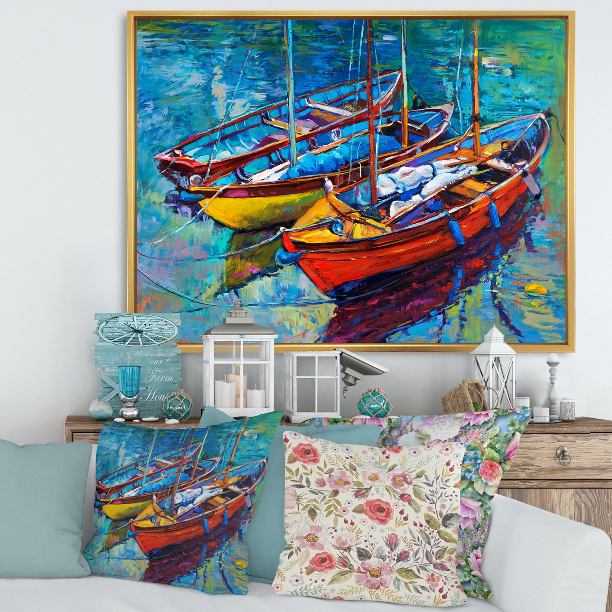 Designart 'Three Colorful Boats In The Harbor' Nautical & Coastal Framed Canvas Wall Art Print