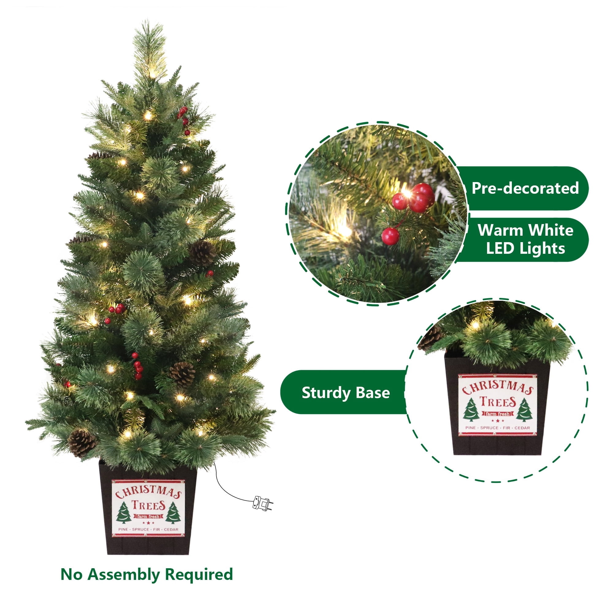 3.5' Pre-Lit Green Artificial Porch Christmas Tree with 35 Warm White LED Lights in Decorative Base, by Holiday Time