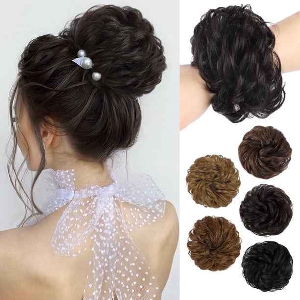 HMD cabello humano moño desordenado extensiones de cabello humano desordenado rosa moño pieza de pelo rizado moño con banda elástica extensiones de pelo despeinado Updo postizos para mujeres (marrón