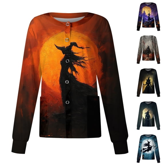 IYYVV Scrubs For Women Halloween Scrub Top Pumpkin Spiders Skeleton Print Scrub Tops Long Sleeve Scrubs Tops Fun Medical Nurse Uniforms With Pocket Orange 3XL