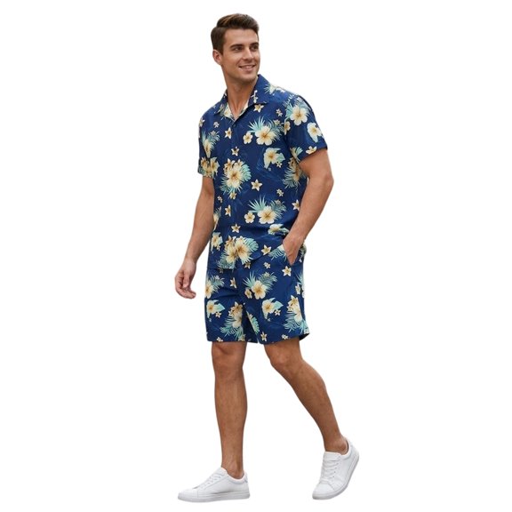 Men's Hawaiian Matching Set Summer Beach 2 Piece Outfits Flower Button Down Shirts and Shorts Summer Men Beach Vacation Outfits(Blue,XL)