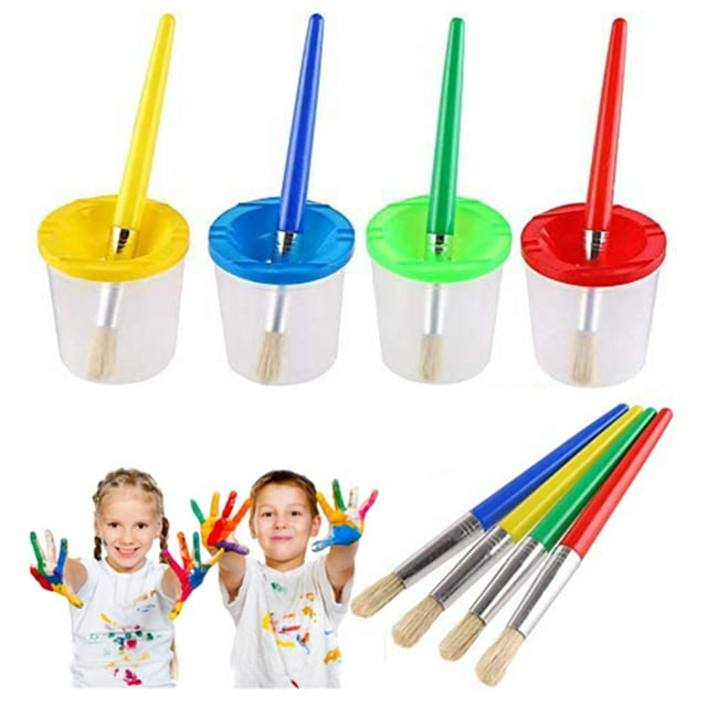 pinceles de pintura y 4 vasos de pintura sin derrames con tapas para niños principiantes